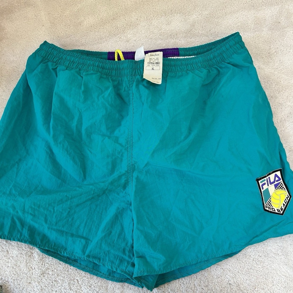 VINTAGE Fila Swim Trunks Mens XL Green Purple 80s Beach Volleyball USA Made READ